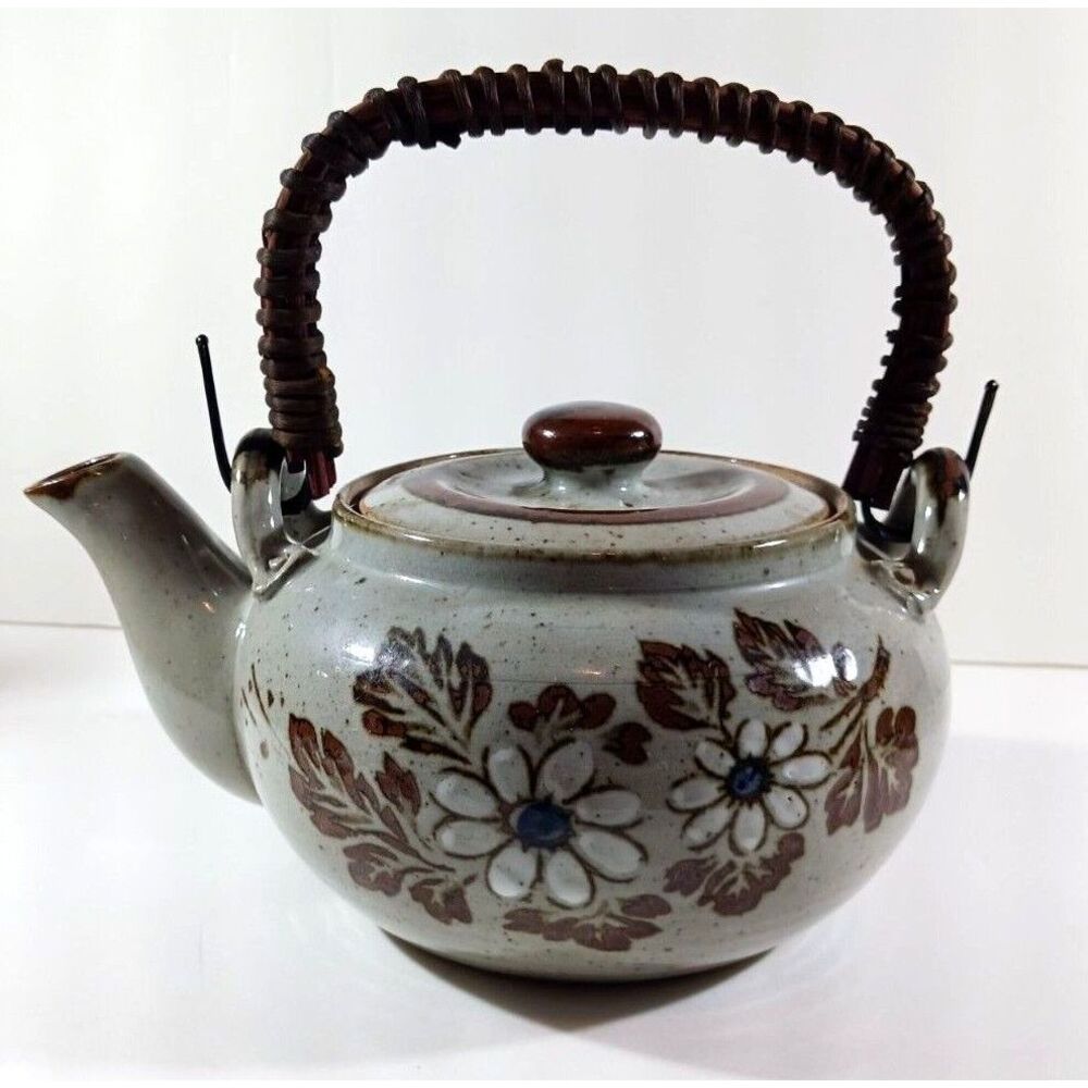 Otagiri Floral TEAPOT Handpainted WHITE BLUE Flowers Wicker Handle Vintage Japan